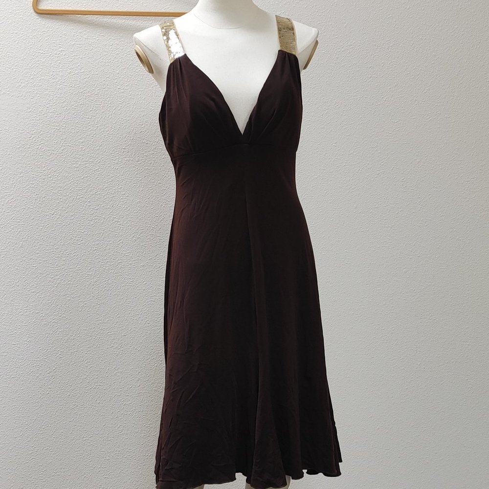 BROWN PARTY DRESS WITH GOLD SEQUINED STRAPS BLONIE NITES BY LINDA BERNELL S11